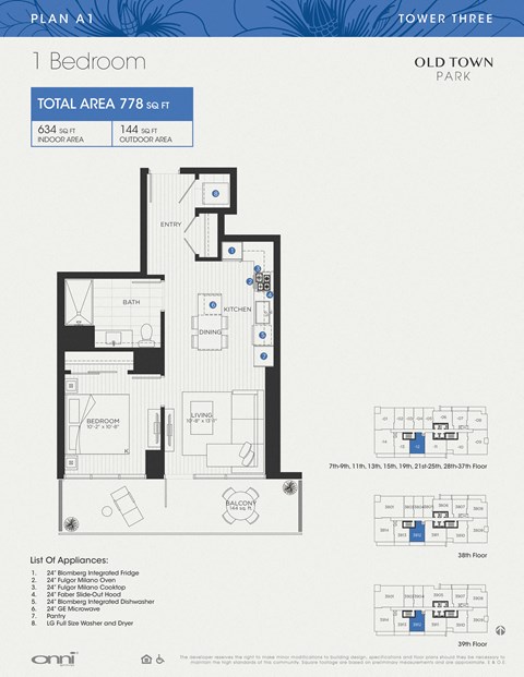 Floor plan for 1 bed, 1 bath, 634 sqft